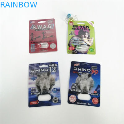 Logo Dostosowane pigułki seksualne Opakowanie blistrowe Nosorożec Czarne kapsułki Męskie Opakowania kapsułek