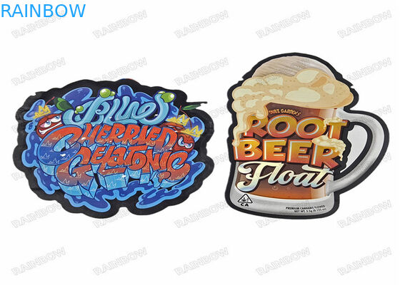 Niestandardowy drukowany plastikowy projekt zabezpieczający przed dziećmi Stand Up Holograficzny 3,5 g Nieregularny specjalny kształt Zipper Die Cut Mylar Bags