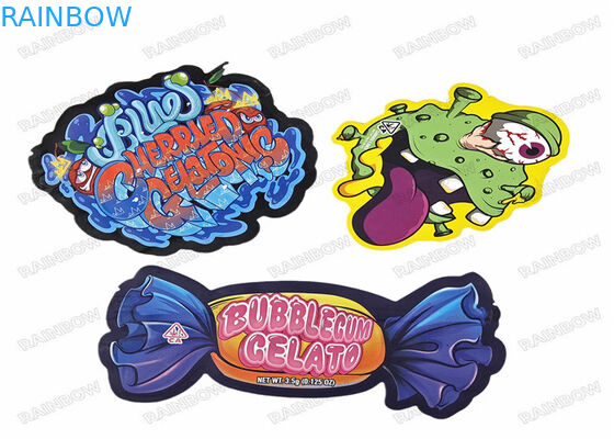 Niestandardowy drukowany plastikowy projekt zabezpieczający przed dziećmi Stand Up Holograficzny 3,5 g Nieregularny specjalny kształt Zipper Die Cut Mylar Bags