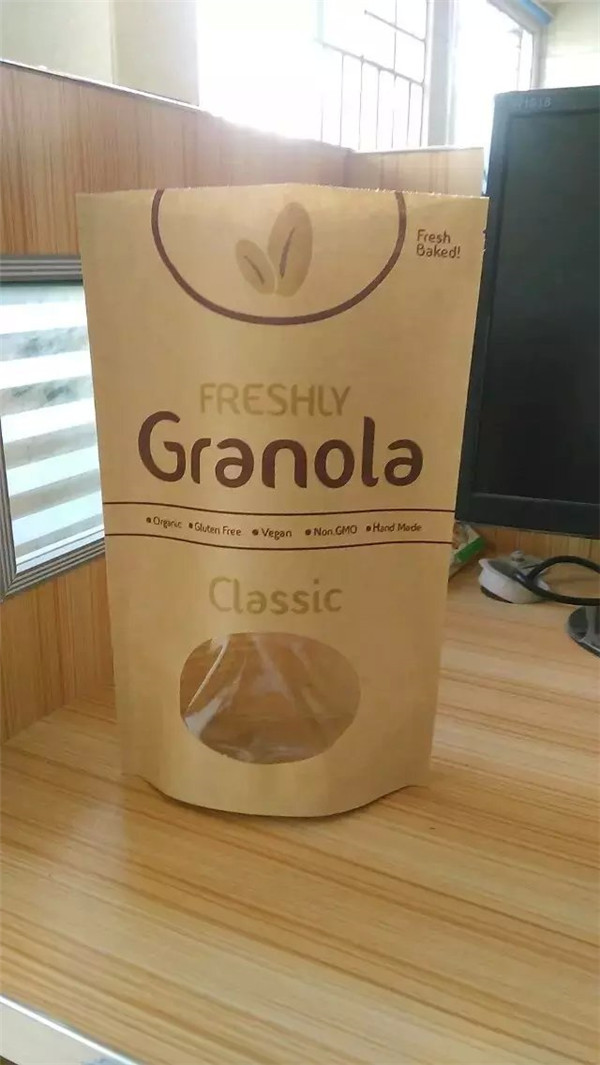 Niestandardowe drukowane Stand Up Kraft Paper Bag, Snack Bag Packaging With Window