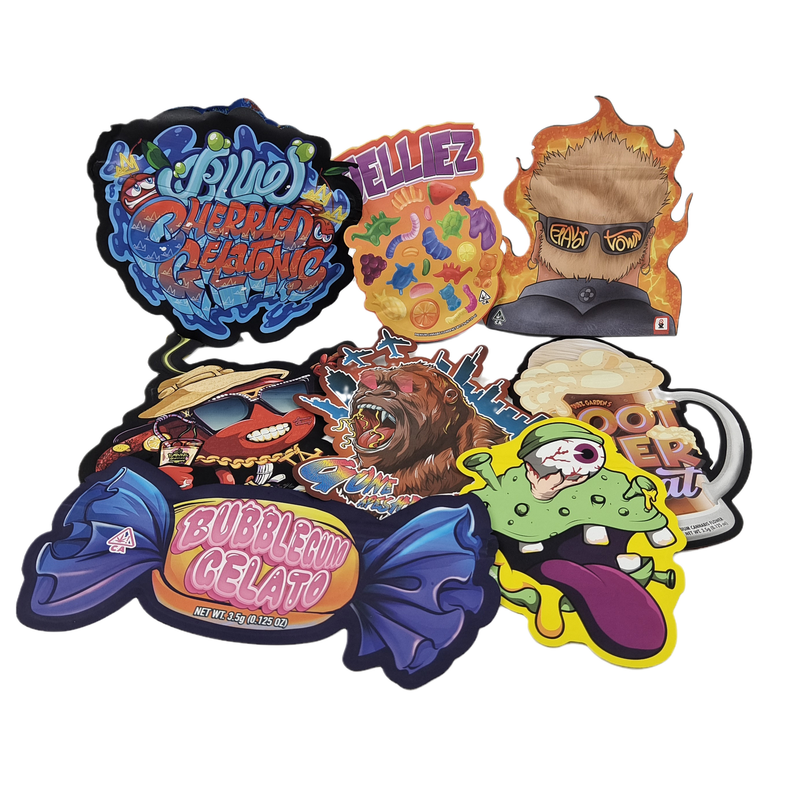 3.5g Niestandardowo wydrukowane torby Mylar z nieregularnymi kształtami torby cienkie z zakładką Ziplock torby opakowaniowe do przekąsek i cukierków