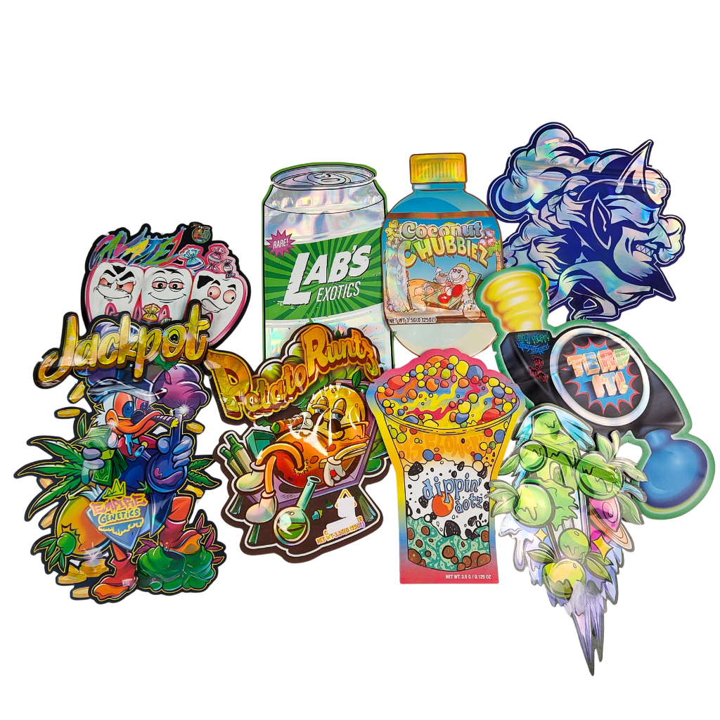 Żywnościowe torebki Mylar Doypack Die Cut Cali 3.5g 7g 14g 28g Sugar Cookie Błyszczące/matowe Odporne na zapachy Torebki strunowe