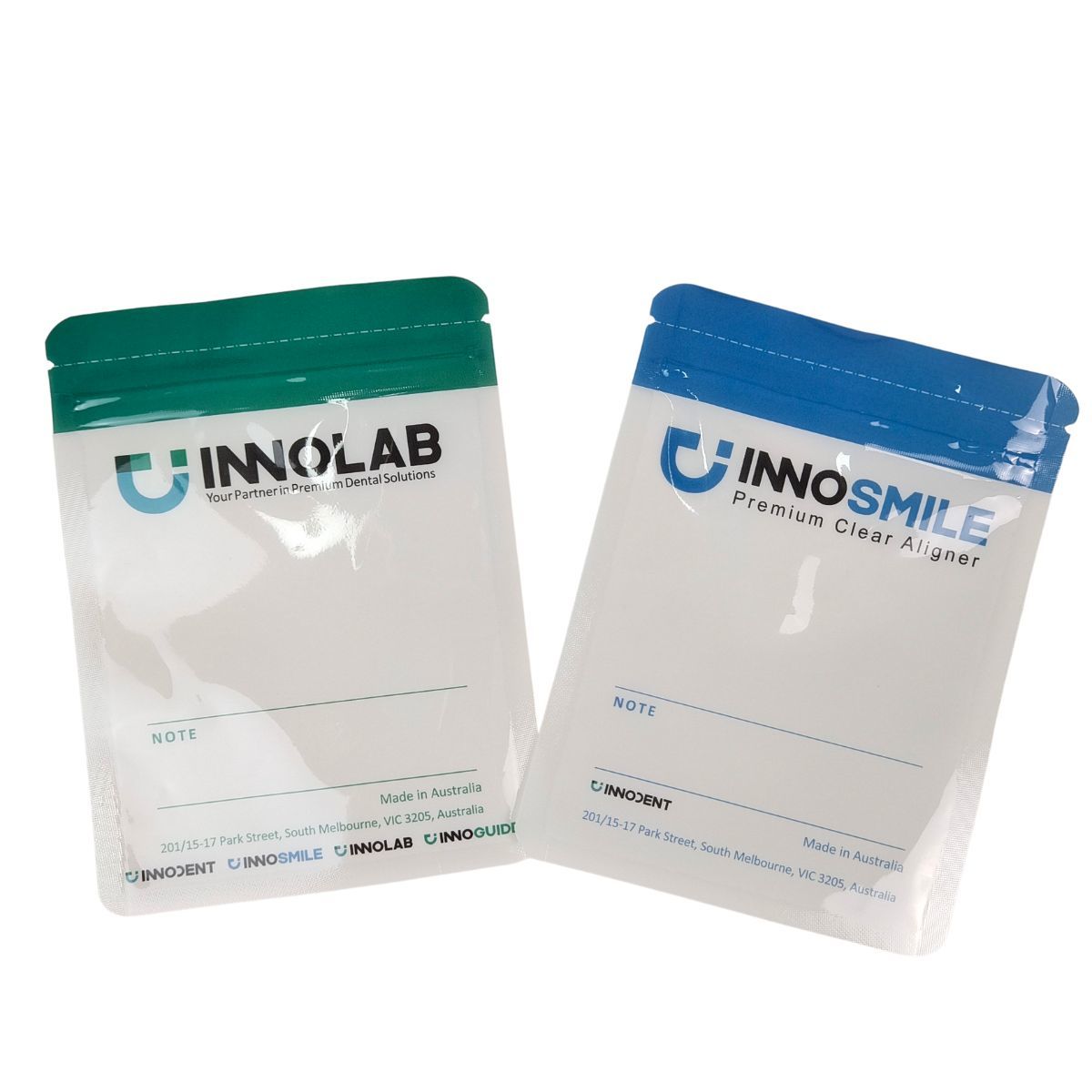 Konfigurowalna torba z zamkiem błyskawicznym na nakładki ortodontyczne z zgrzewem i przezroczystą folią mylarową z jednej strony