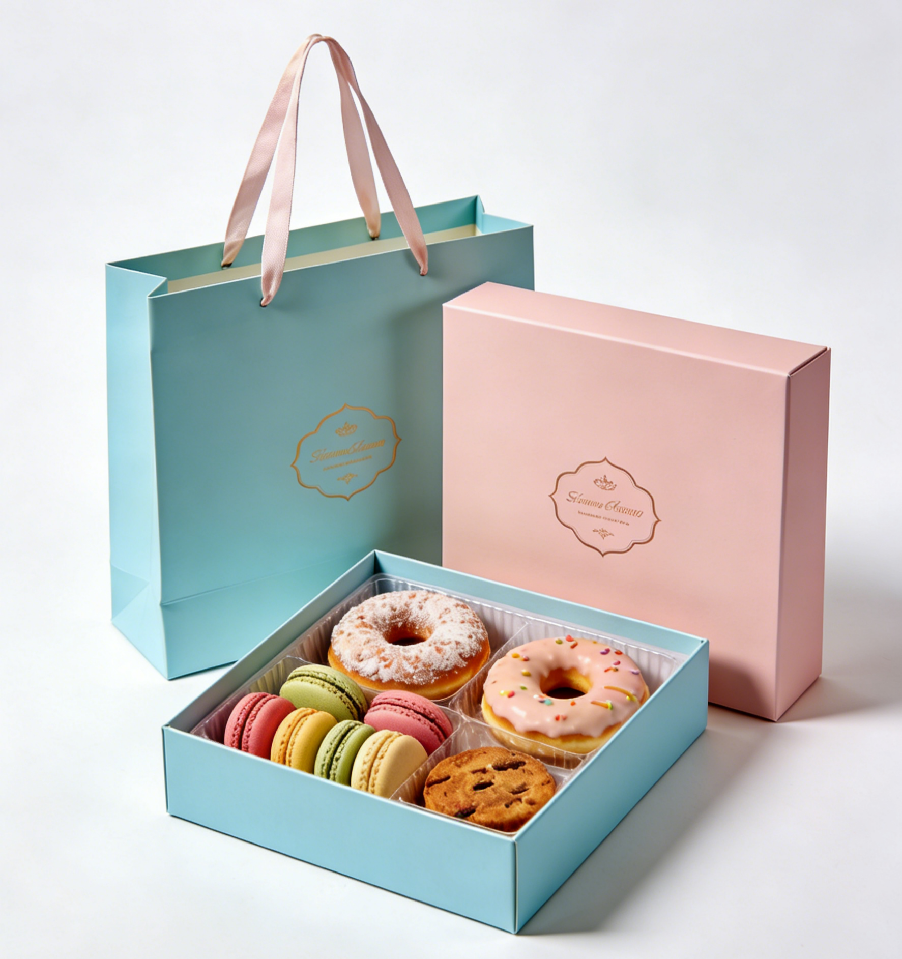 Premium Food Grade Składana podstawa i pokrywka Pudełko na ciasto Sushi Makarony Desery Piekarnictwo Pudełko prezentów zestaw z torebką papierową