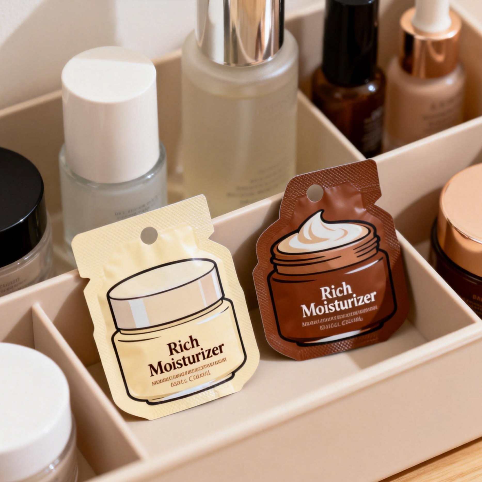 Niestandardowe kremy do pielęgnacji skóry opakowanie plastikowe małe kosmetyczne próbki torebki foliowe Mylar worki pieczętowania cieplnego torebki małe mini torebki