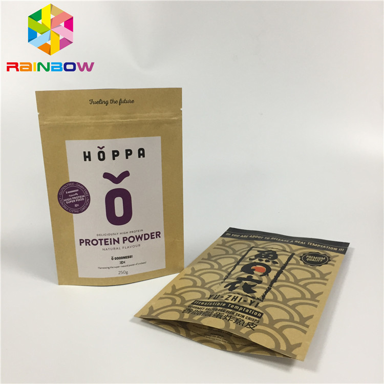 Resealable Customized Paper Bags Self Stand Up Snack Natural Kraft Paper Pouch