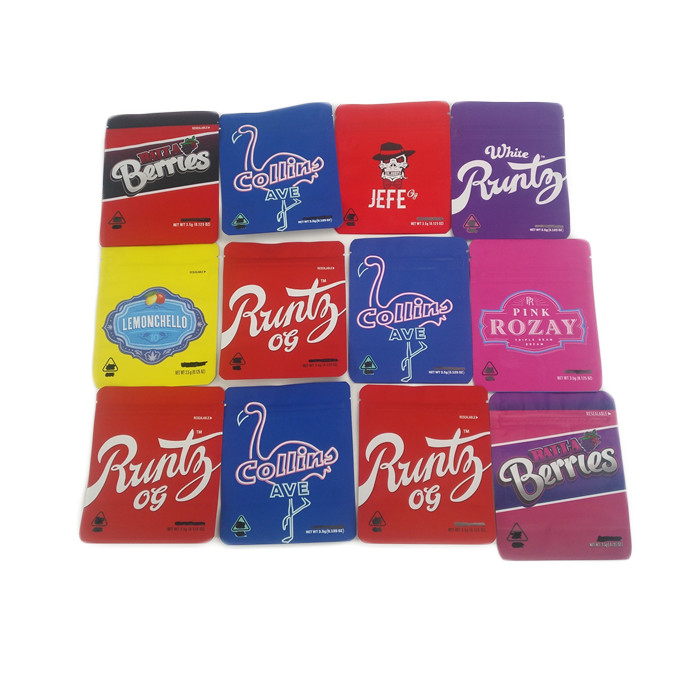 Niskie MOQ 500 sztuk Miękkie w dotyku Odporne na zapach Cannabies Etui do pakowania Jadalne, odporne na dzieci 3,5g Mylarowe torby na ciasteczka Dostosowane